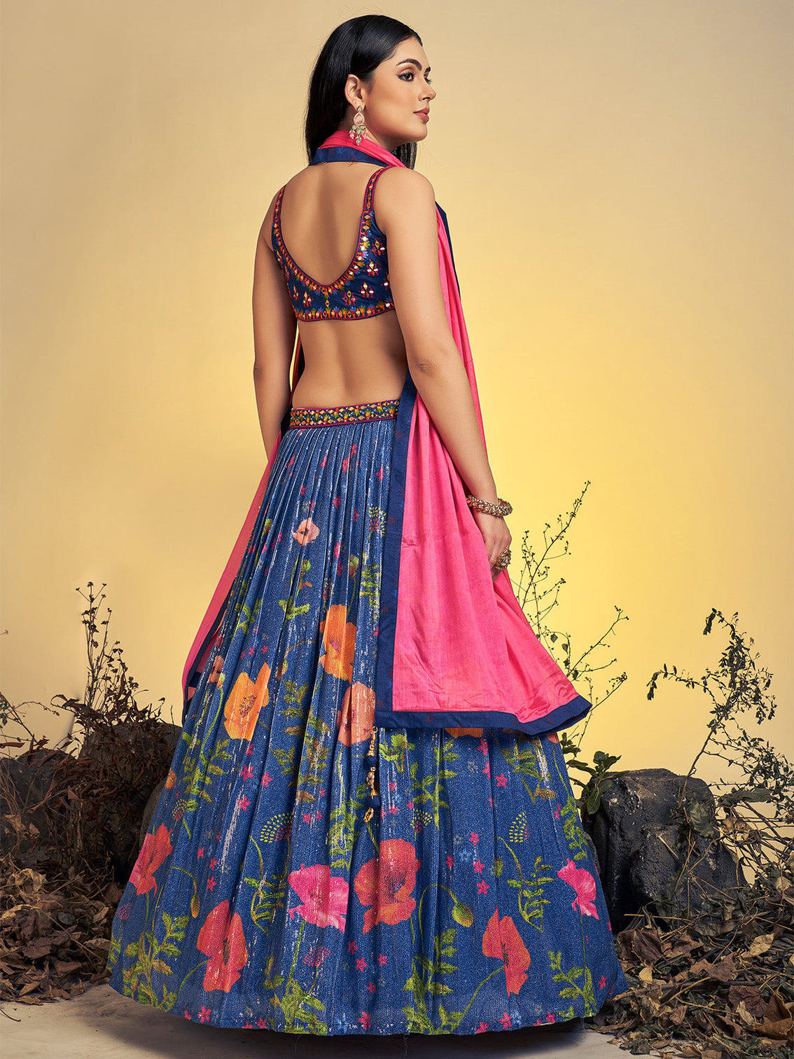 Classic Navy-Blue Art Silk Sequins Work Stitched Lehenga Choli Set
