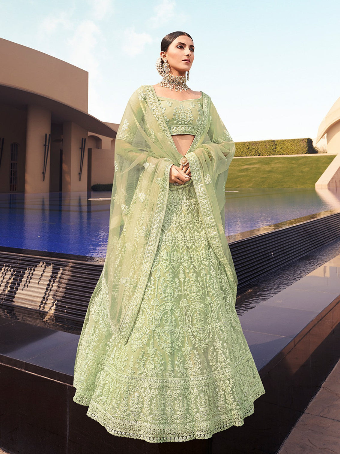 Green Sequins Sassy Semi Stitched Lehenga With Unstitched Blouse
