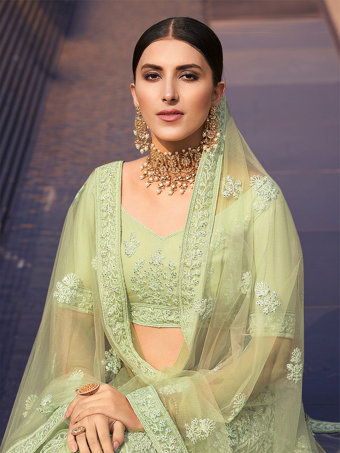 Green Sequins Sassy Semi Stitched Lehenga With Unstitched Blouse