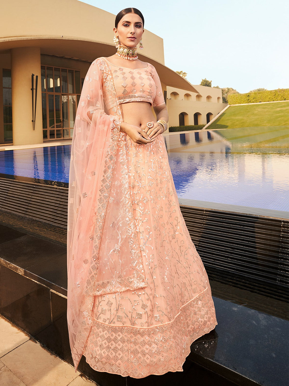 Peach Elegant Semi Stitched Lehenga With Unstitched Blouse