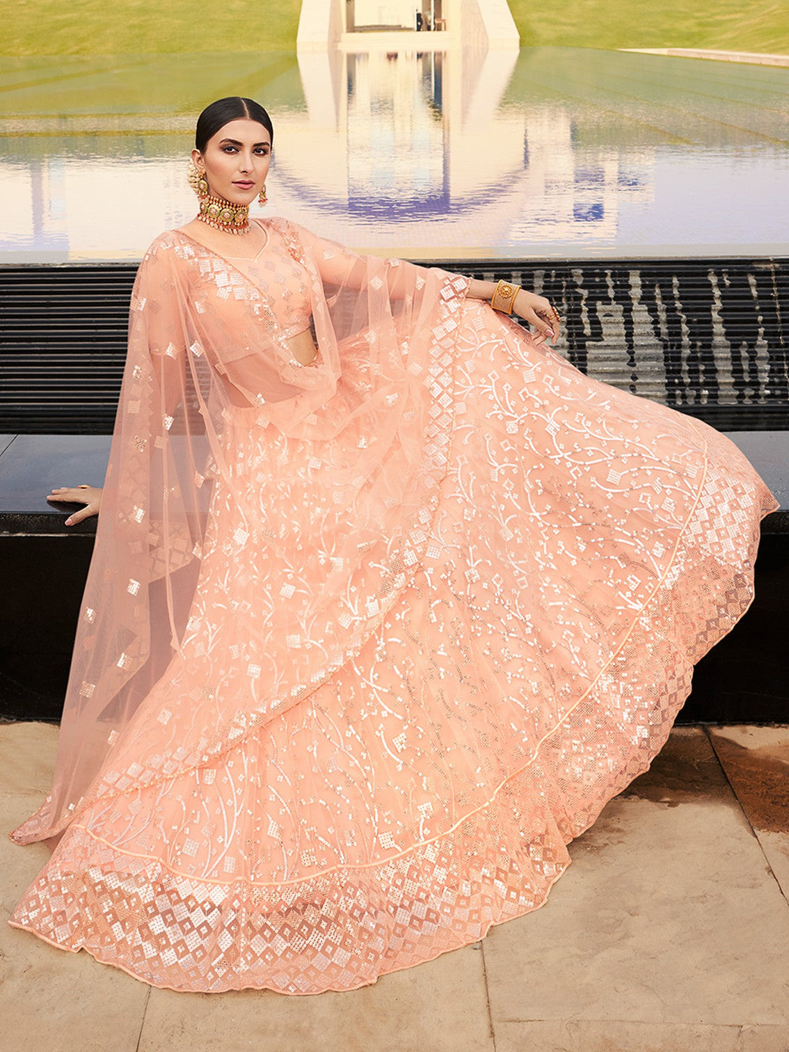 Peach Elegant Semi Stitched Lehenga With Unstitched Blouse