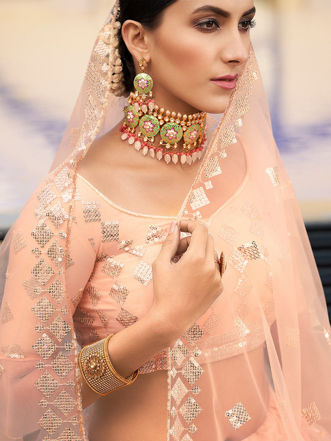 Peach Elegant Semi Stitched Lehenga With Unstitched Blouse