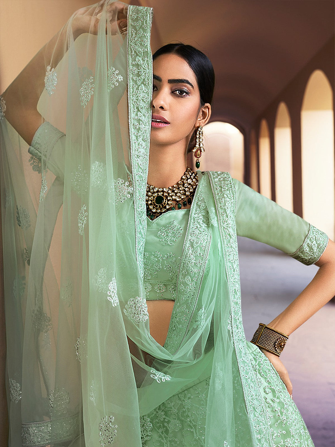 Sea Green Stunning Semi Stitched Lehenga With Unstitched Blouse