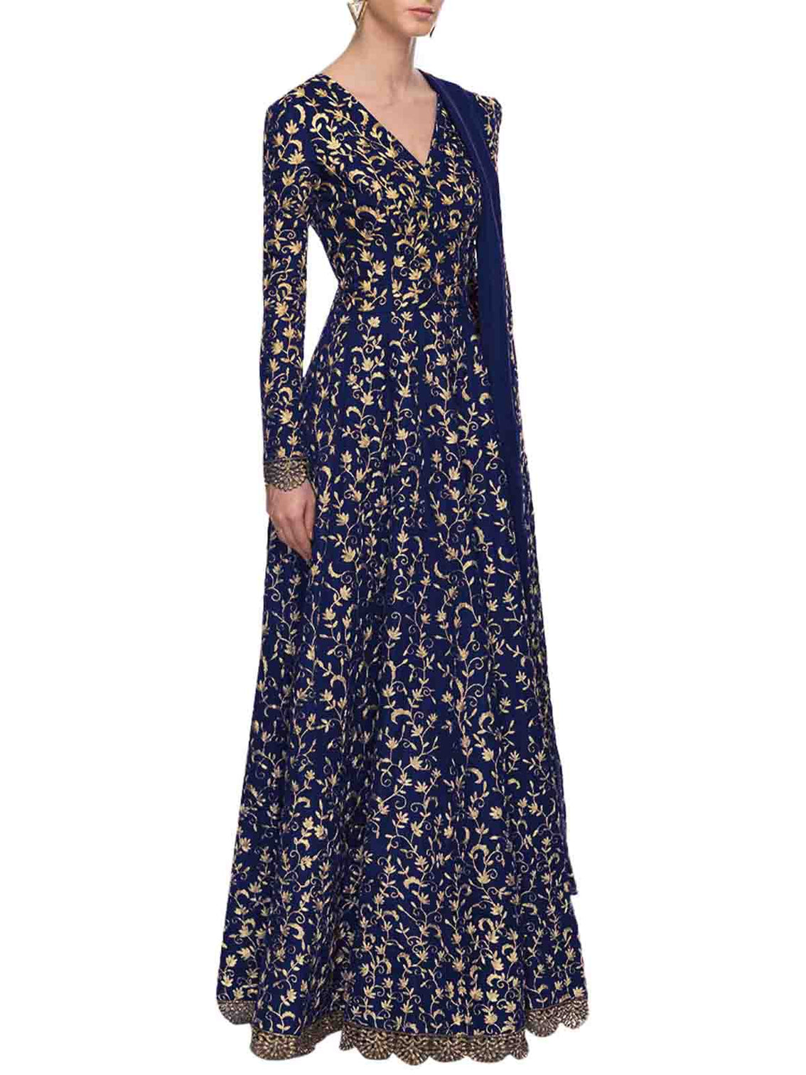 Navy Blue Art Sik Sequins Semi Stitched Gown