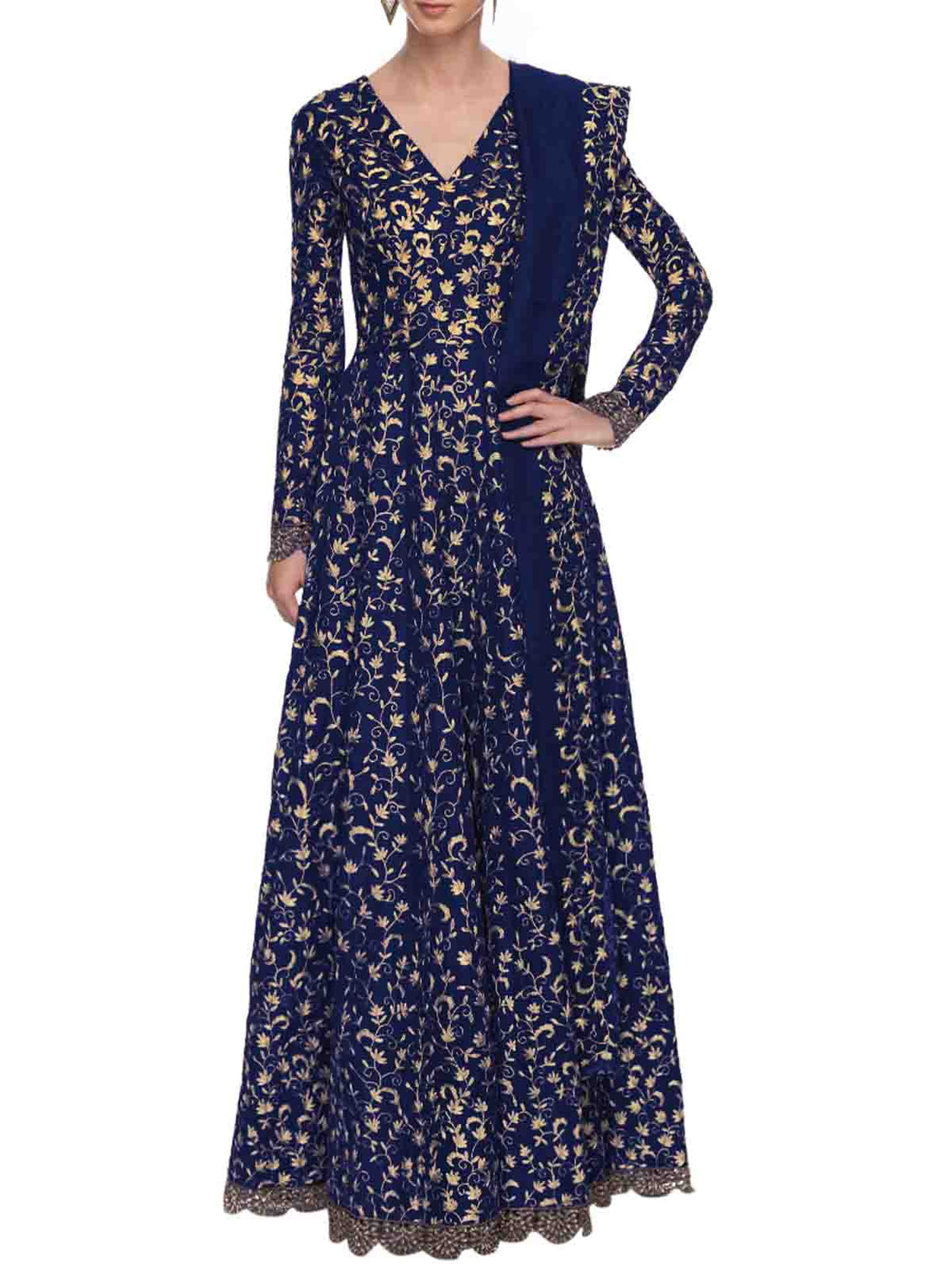 Navy Blue Art Sik Sequins Semi Stitched Gown