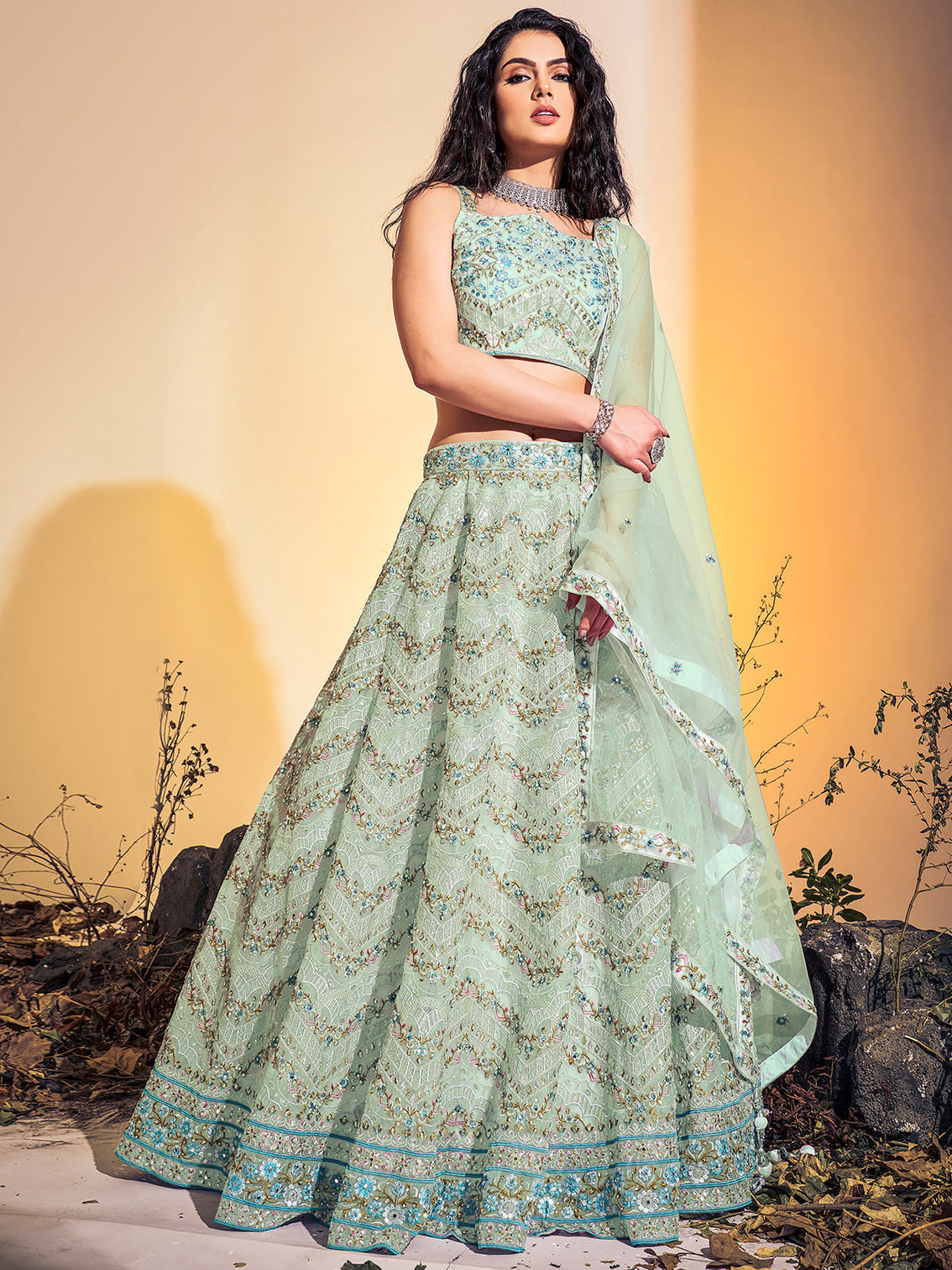 Classic Sea Green Soft Net Thread Work Stitched Lehenga Choli Set