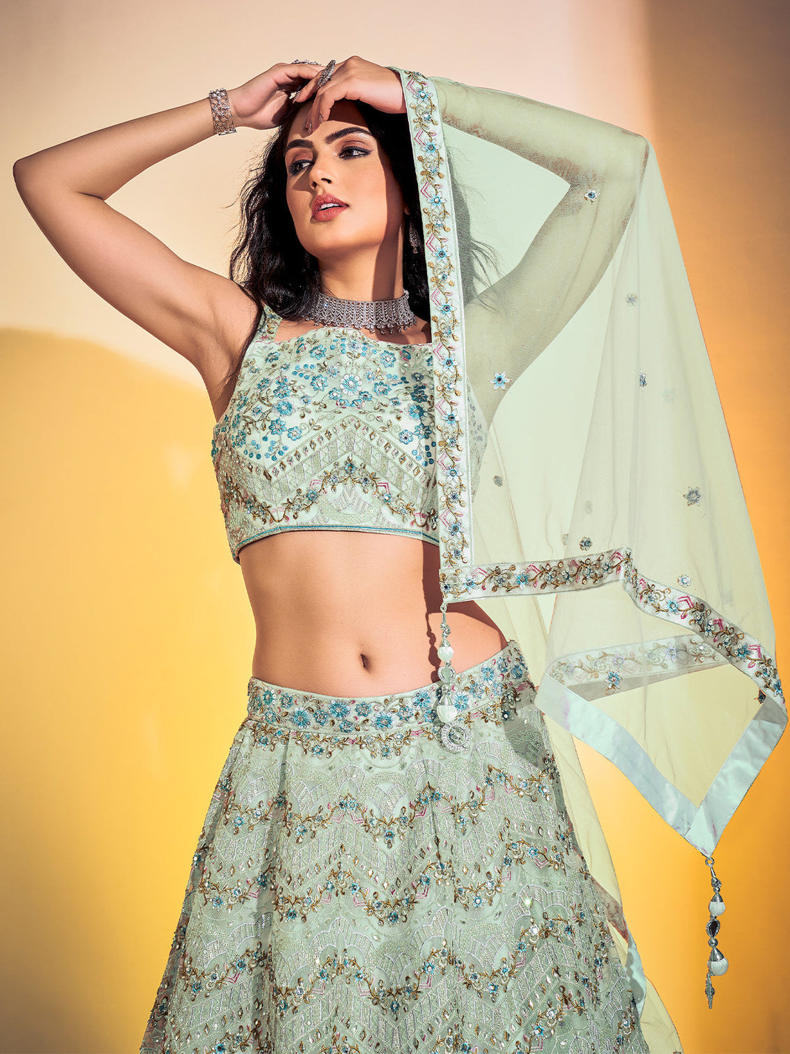 Classic Sea Green Soft Net Thread Work Stitched Lehenga Choli Set