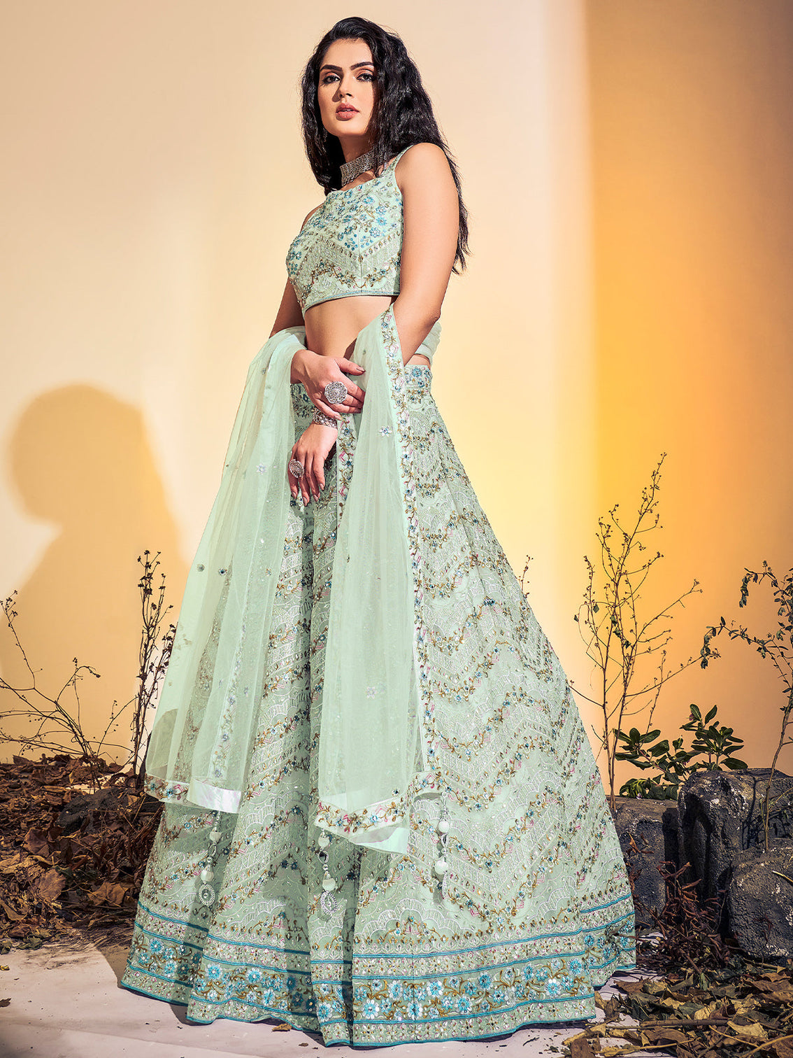 Classic Sea Green Soft Net Thread Work Stitched Lehenga Choli Set