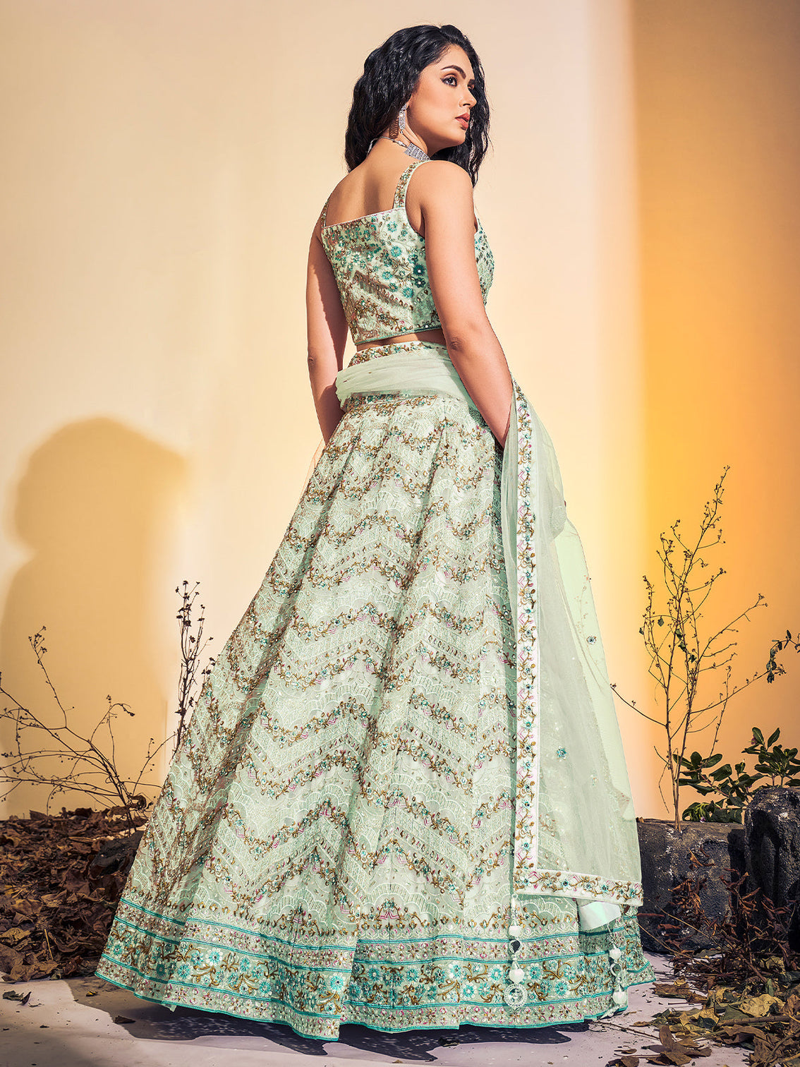Classic Sea Green Soft Net Thread Work Stitched Lehenga Choli Set