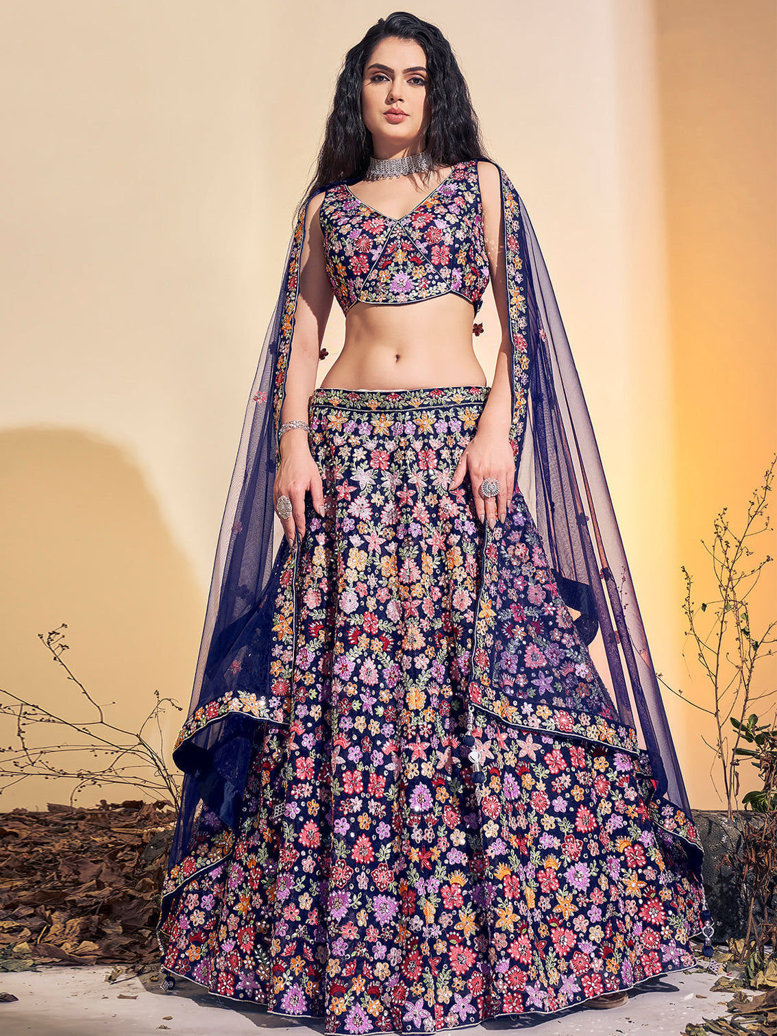Stunning Navy-Blue Soft Net Thread Work Stitched Lehenga Choli Set