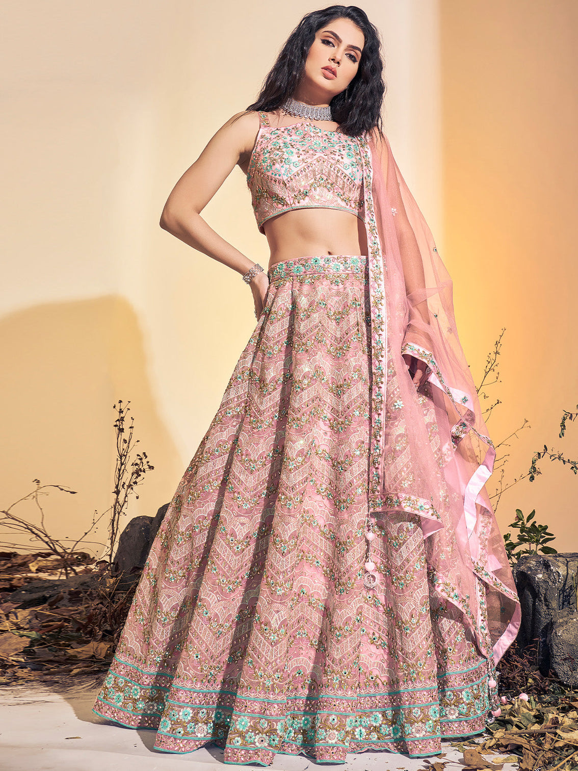 Designer Pink Soft Net Thread Work Stitched Lehenga Choli Set
