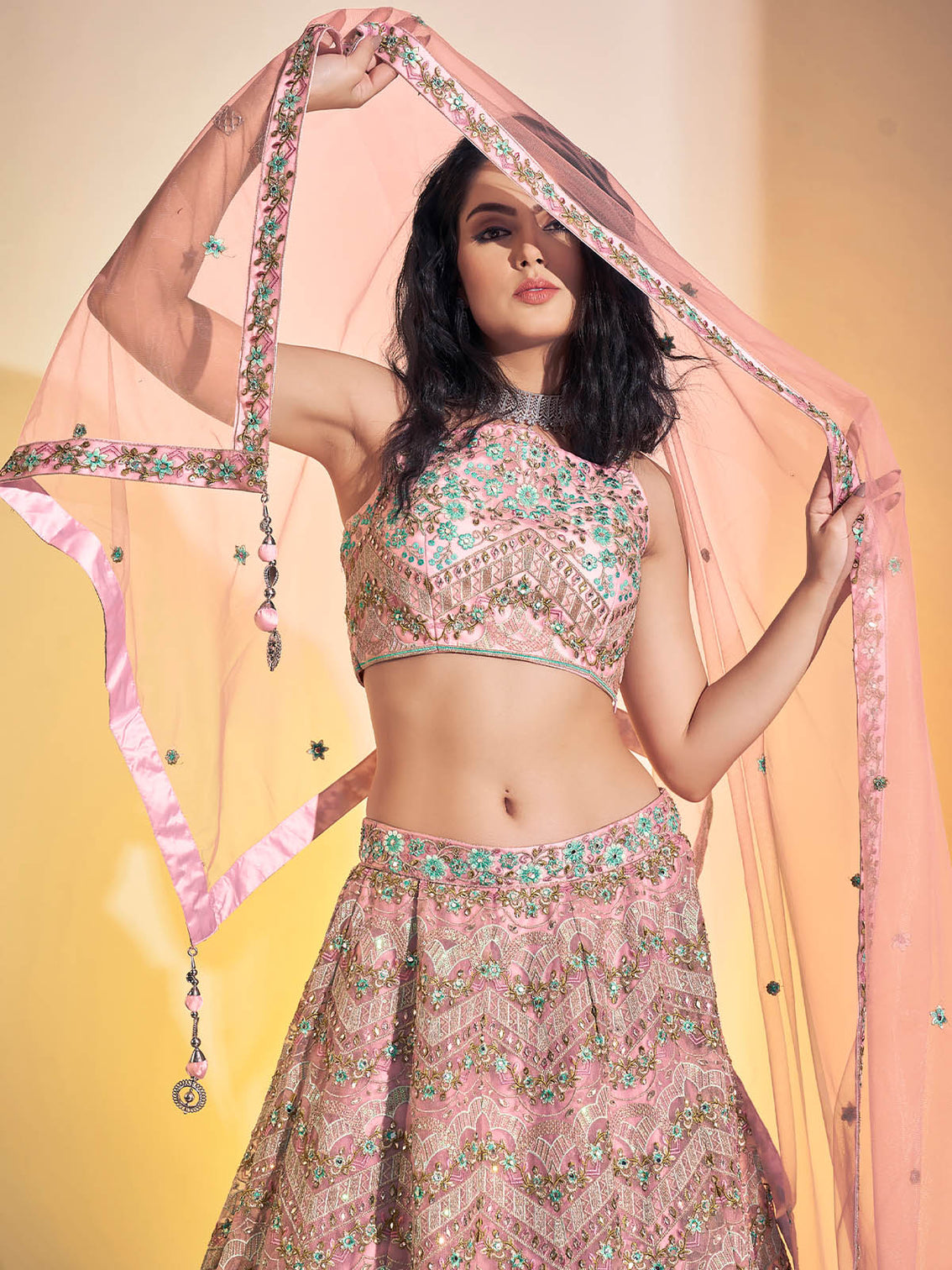 Designer Pink Soft Net Thread Work Stitched Lehenga Choli Set