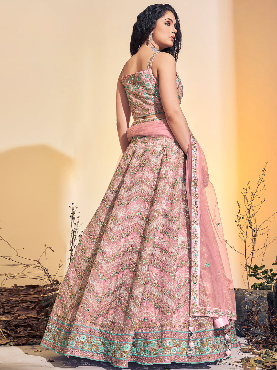 Designer Pink Soft Net Thread Work Stitched Lehenga Choli Set