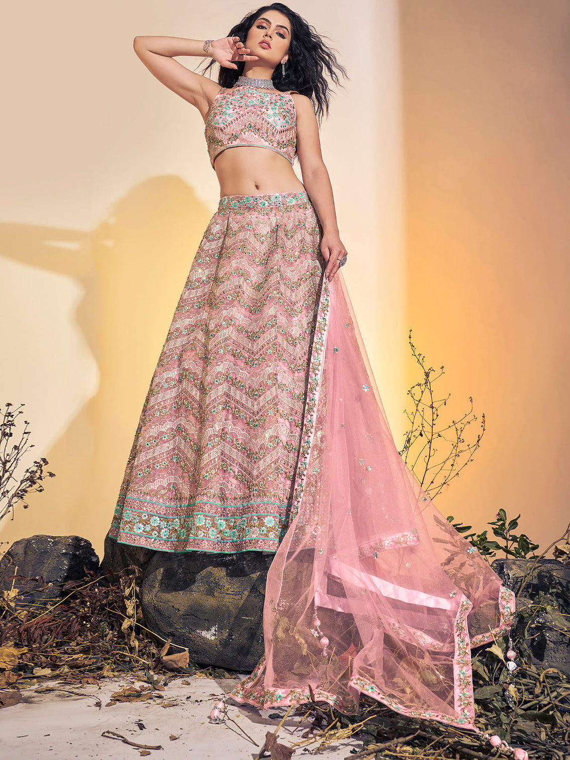 Designer Pink Soft Net Thread Work Stitched Lehenga Choli Set