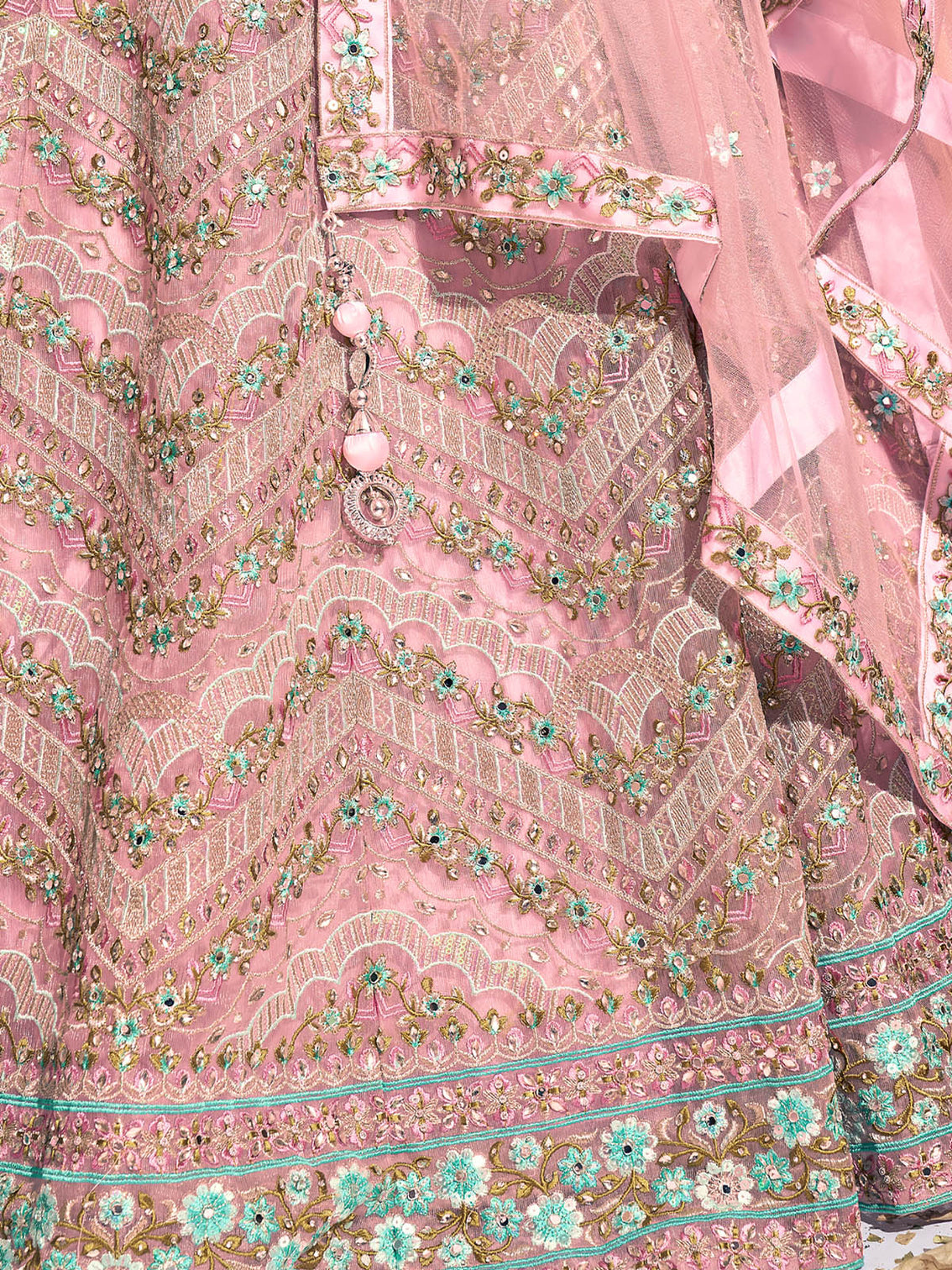 Designer Pink Soft Net Thread Work Stitched Lehenga Choli Set