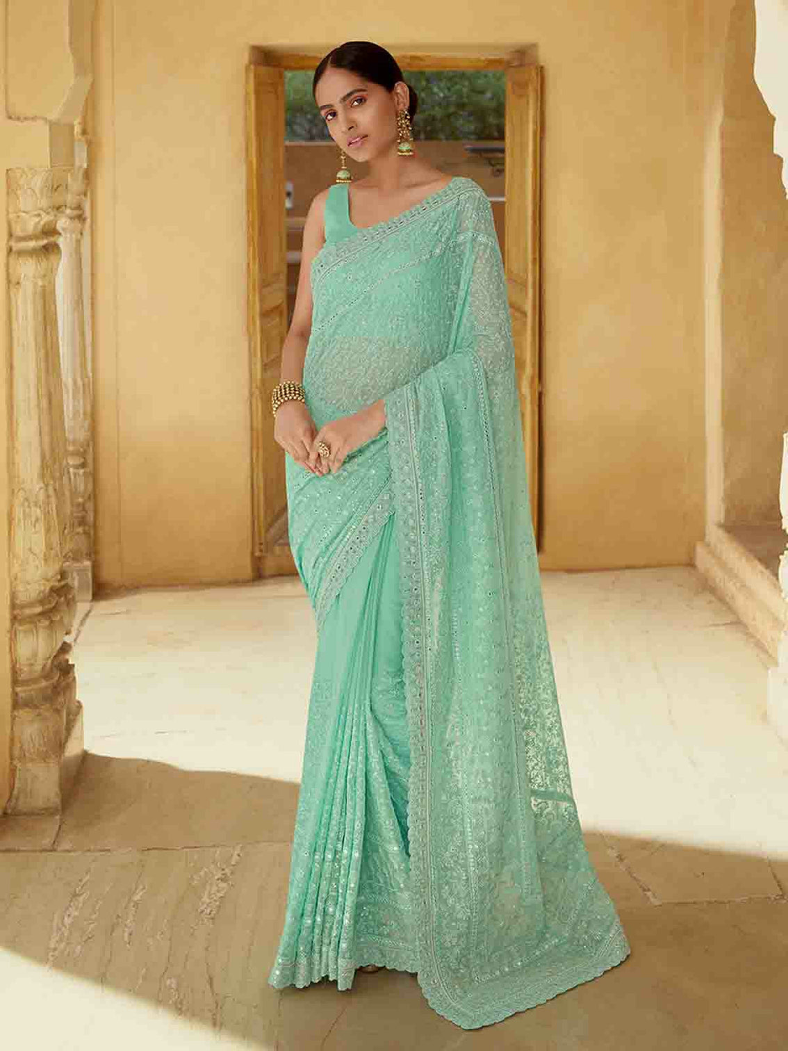 Sea Green Georgette Saree With Unstitched Blouse