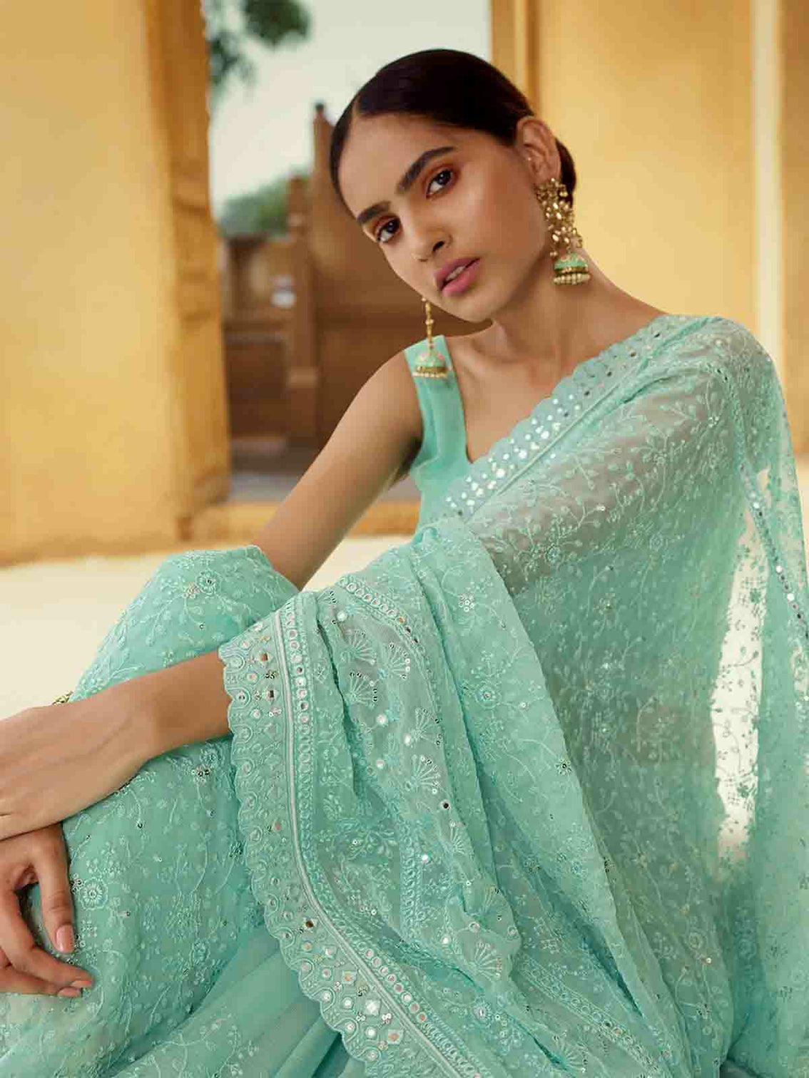 Sea Green Georgette Saree With Unstitched Blouse