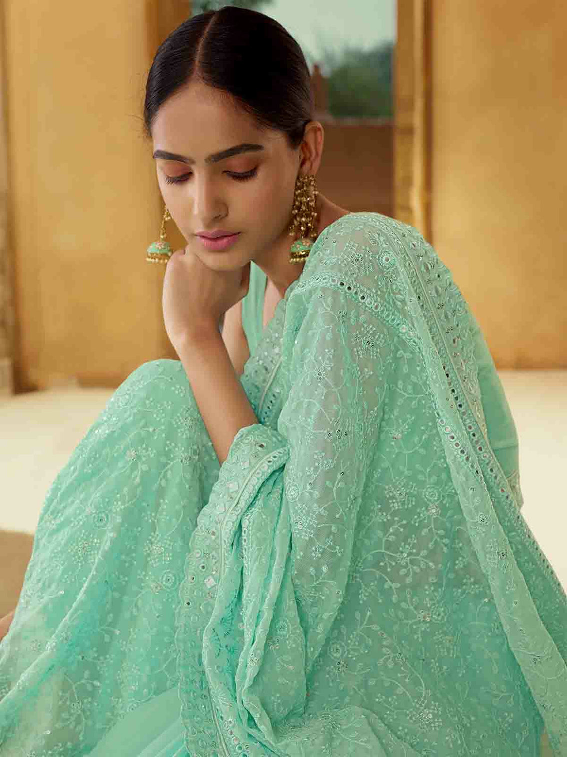 Sea Green Georgette Saree With Unstitched Blouse