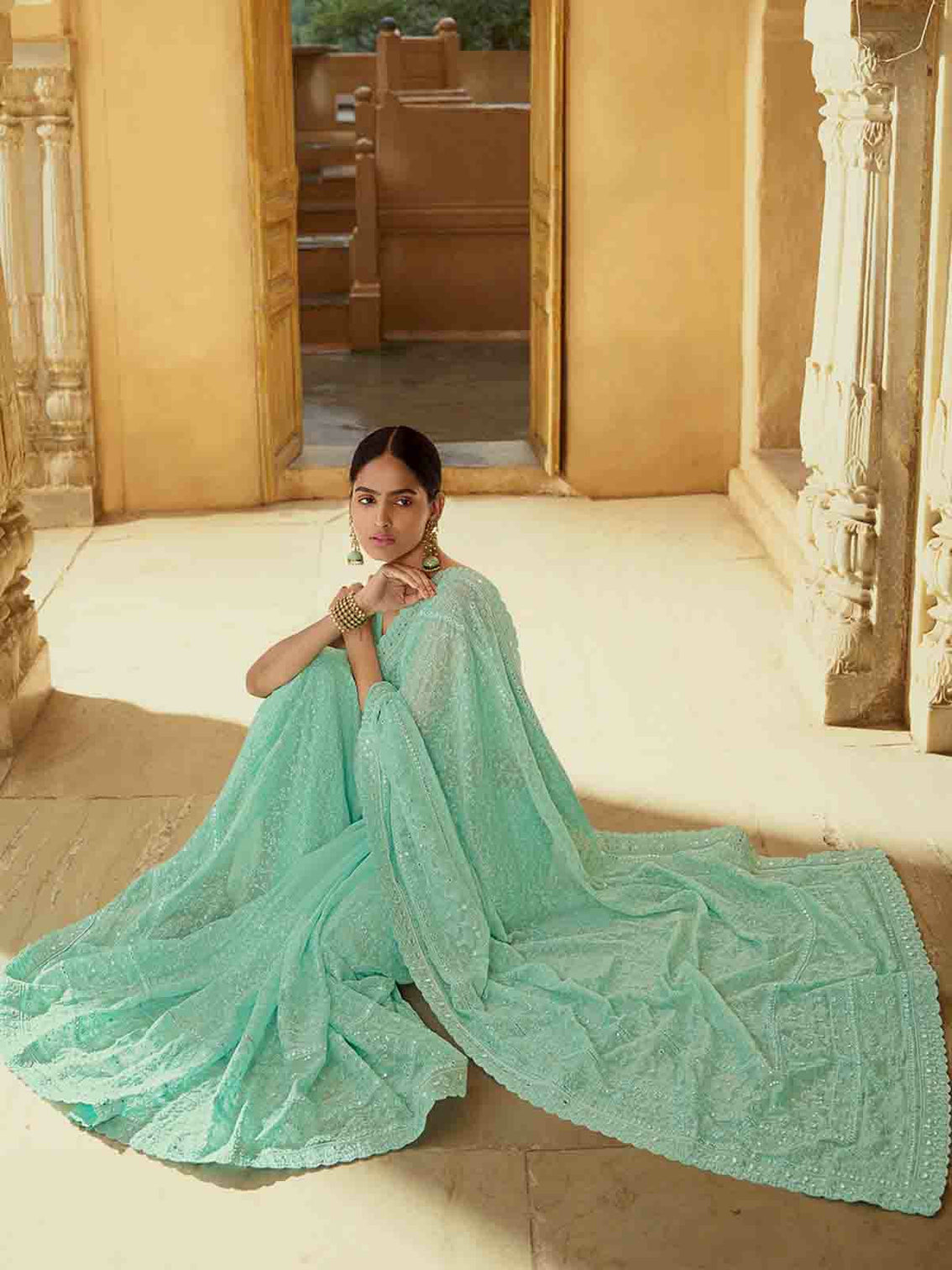 Sea Green Georgette Saree With Unstitched Blouse