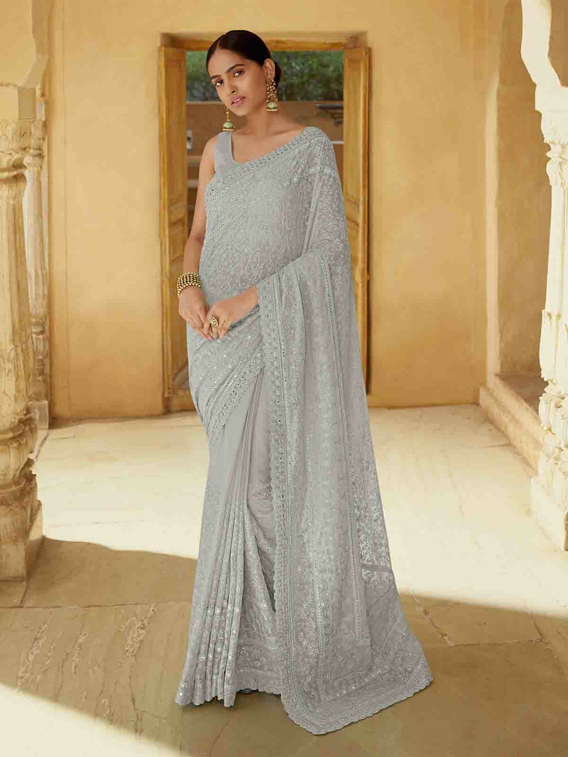 Grey Georgette Saree With Unstitched Blouse