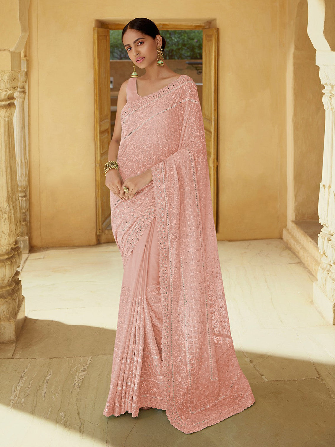 Pink Georgette Saree With Unstitched Blouse
