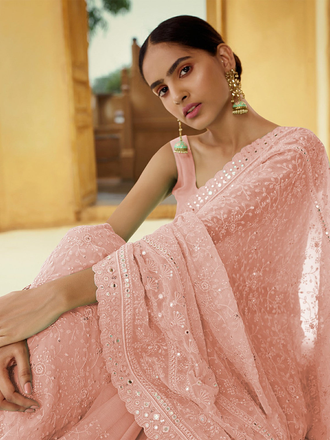 Pink Georgette Saree With Unstitched Blouse