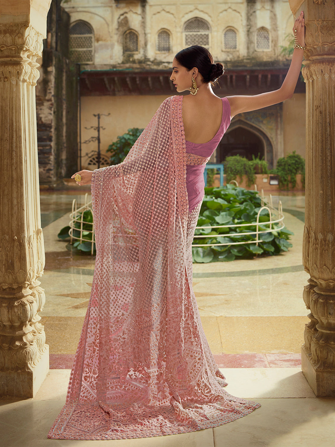 Pink Soft Net Saree With Unstitched Blouse