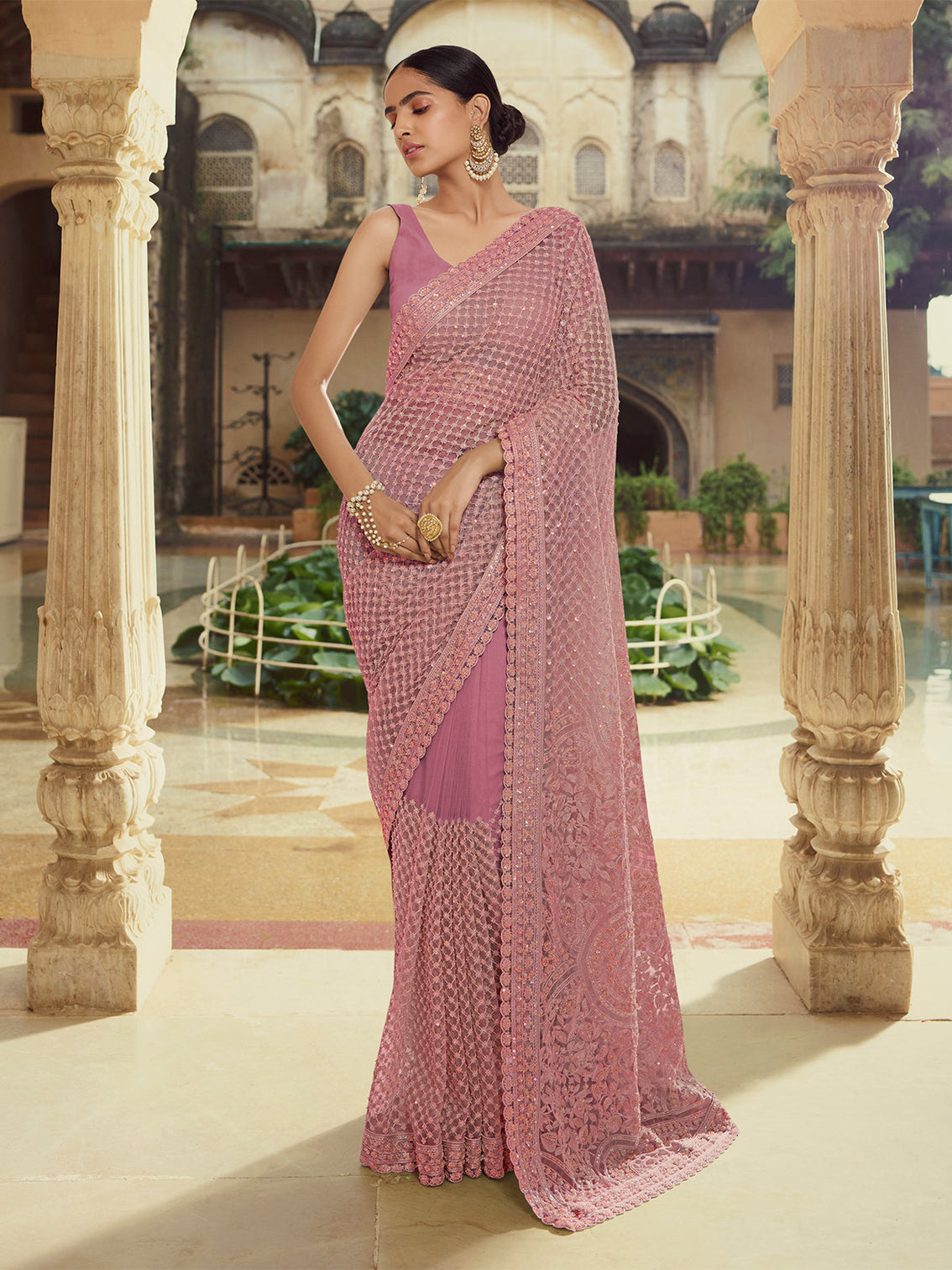 Pink Soft Net Saree With Unstitched Blouse