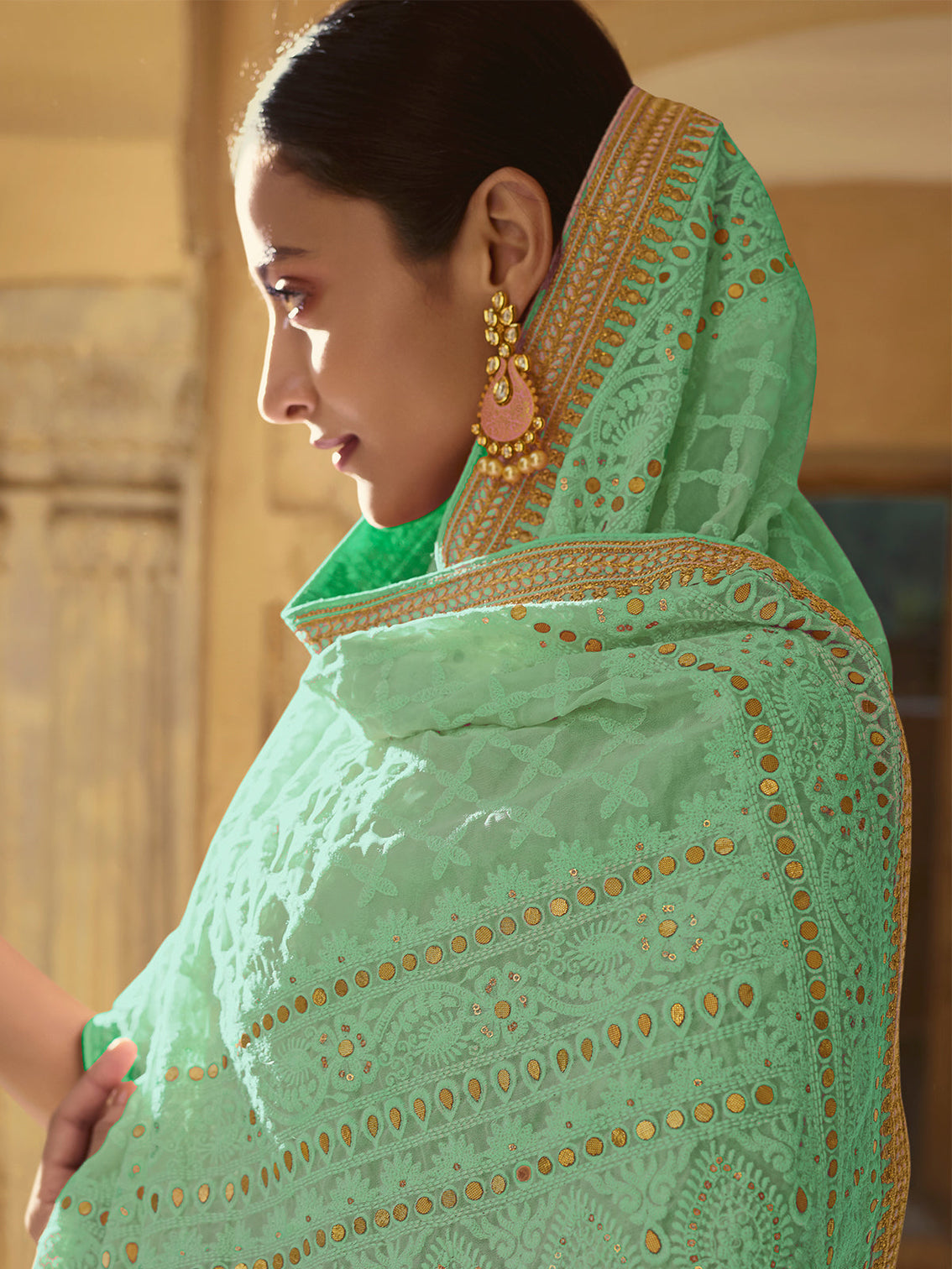 Sea Green Georgette Saree With Unstitched Blouse