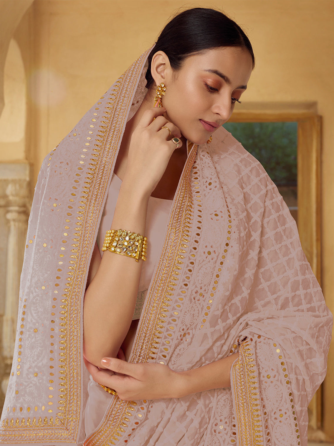 Beige Georgette Saree With Unstitched Blouse