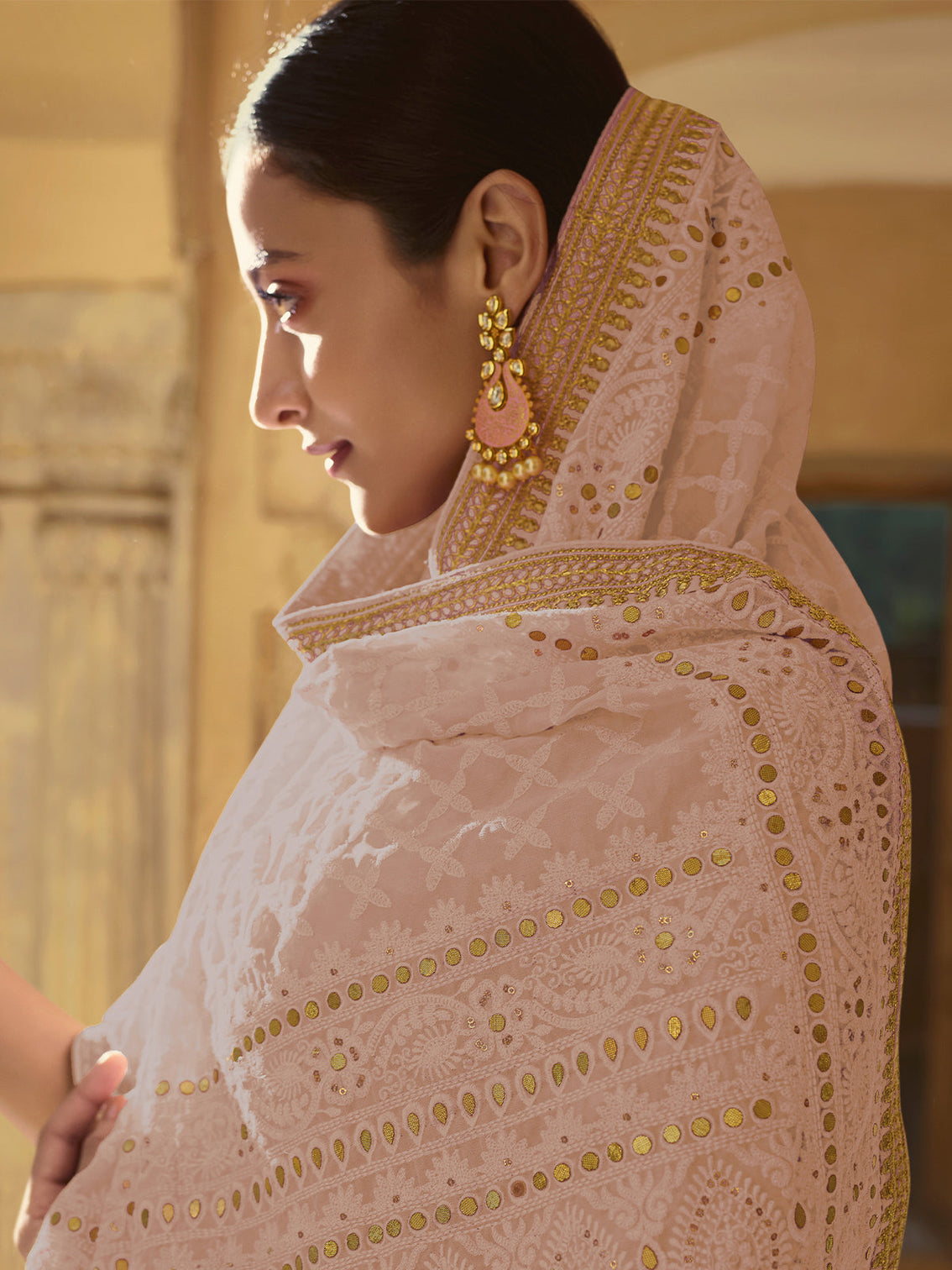 Beige Georgette Saree With Unstitched Blouse