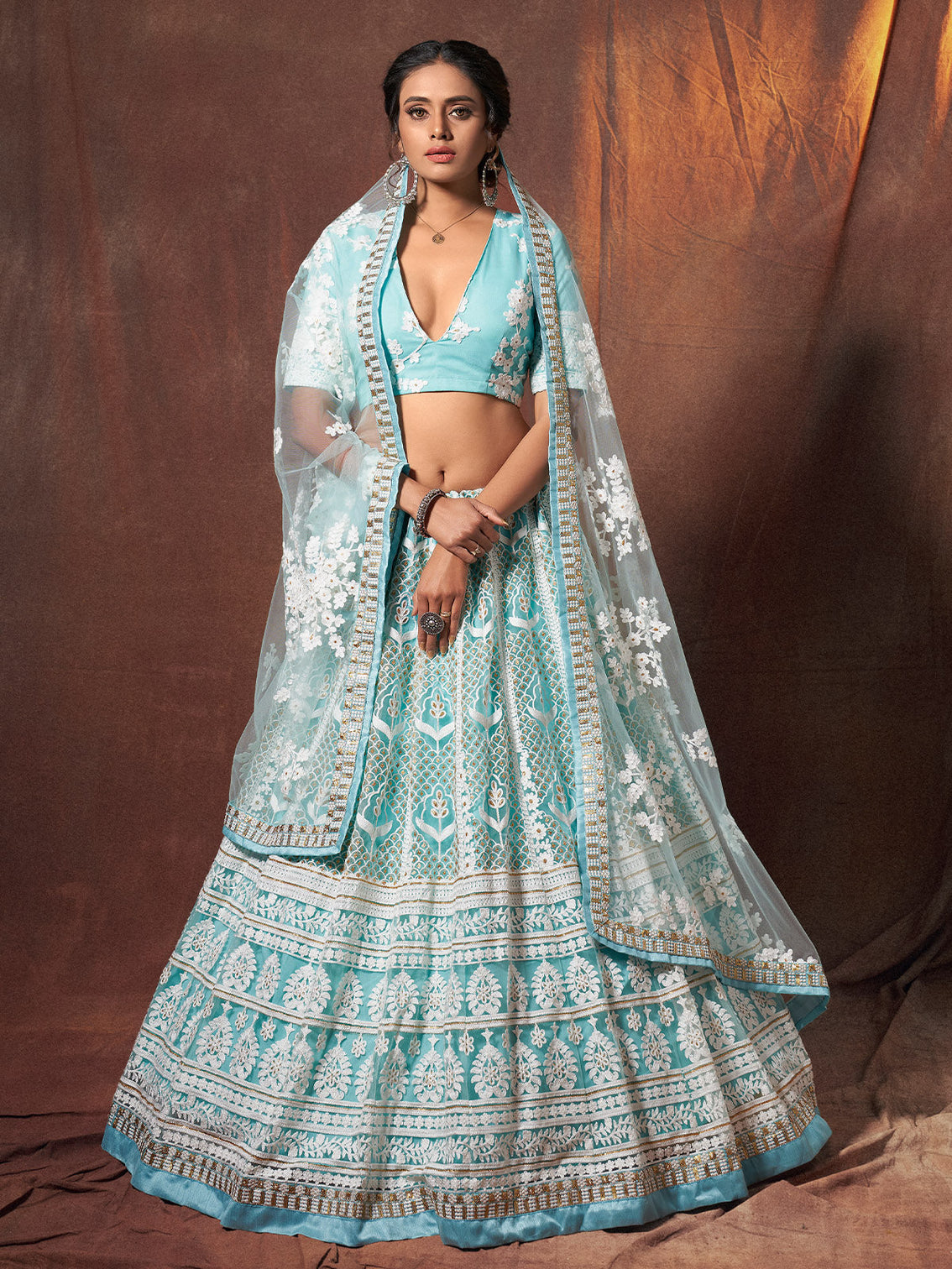 Blue Resham, Sequins Semi Stitched Lehenga With Unstitched Blouse