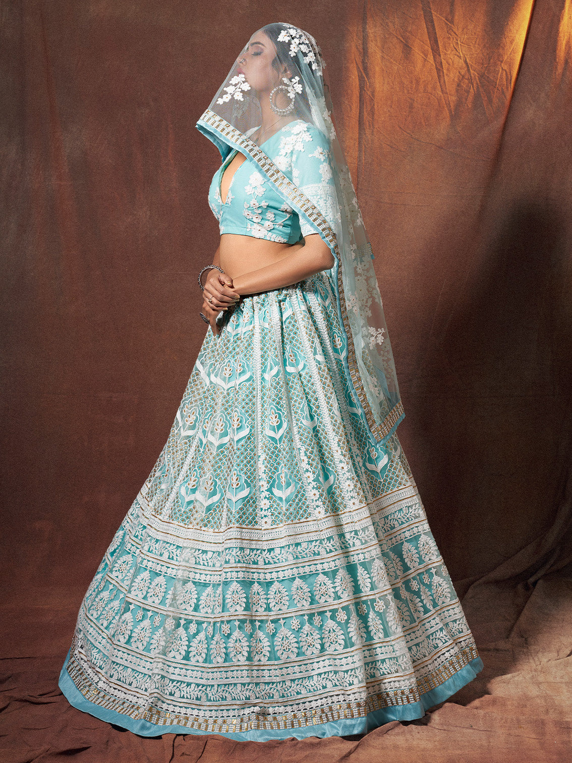 Blue Resham, Sequins Semi Stitched Lehenga With Unstitched Blouse