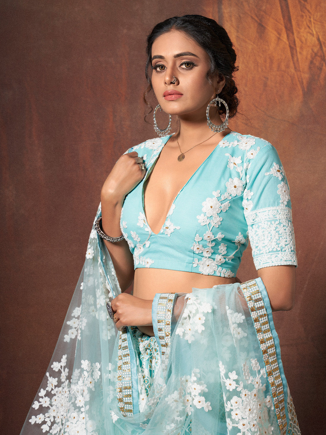 Blue Resham, Sequins Semi Stitched Lehenga With Unstitched Blouse