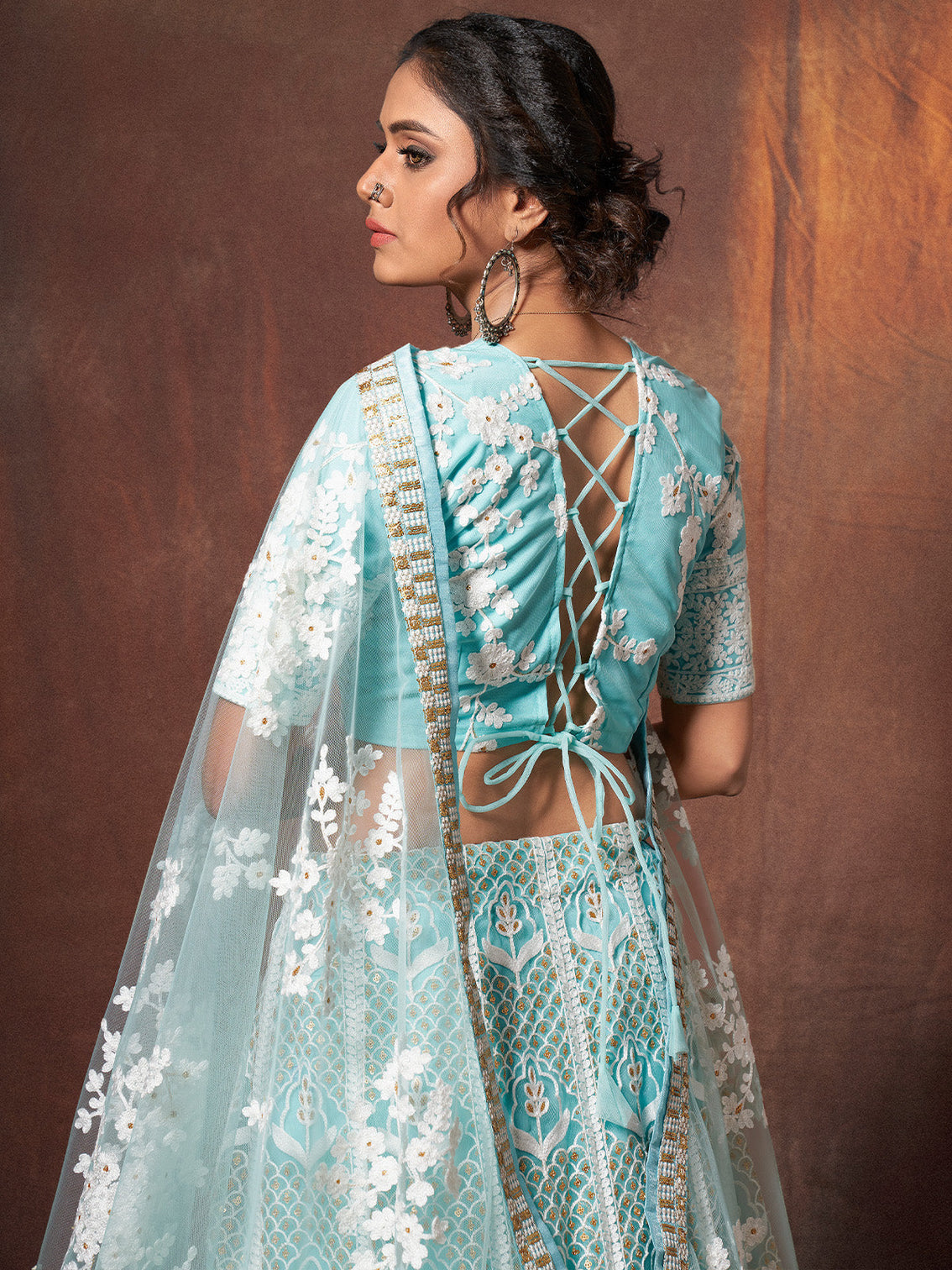 Blue Resham, Sequins Semi Stitched Lehenga With Unstitched Blouse