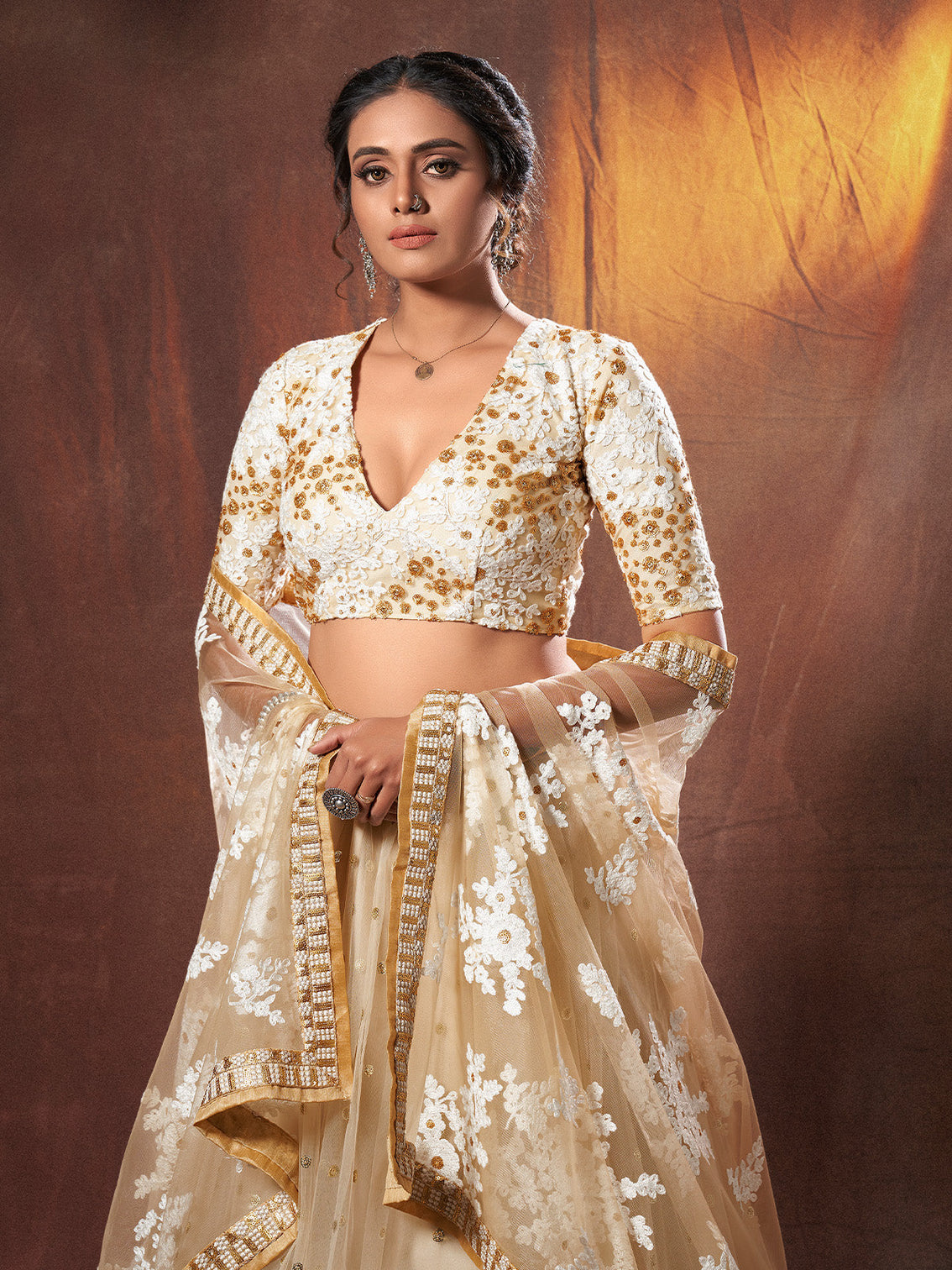 Beige Resham, Zari, Sequins Semi Stitched Lehenga With Unstitched Blouse