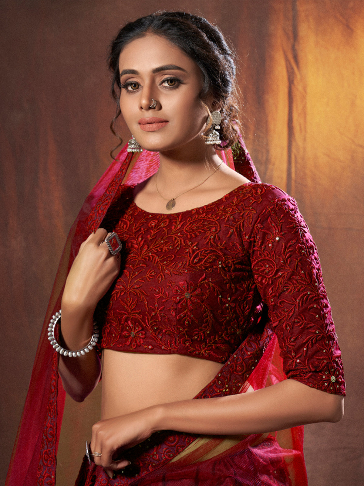 Maroon Sequins, Thread Semi Stitched Lehenga With Unstitched Blouse