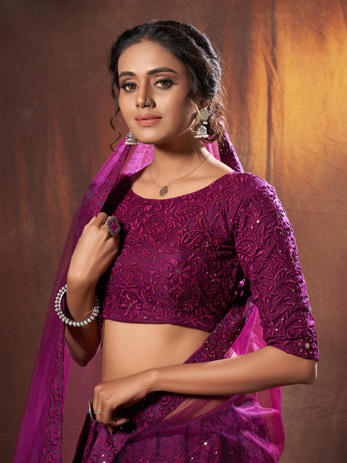 Purple Sequins, Thread Semi Stitched Lehenga With Unstitched Blouse