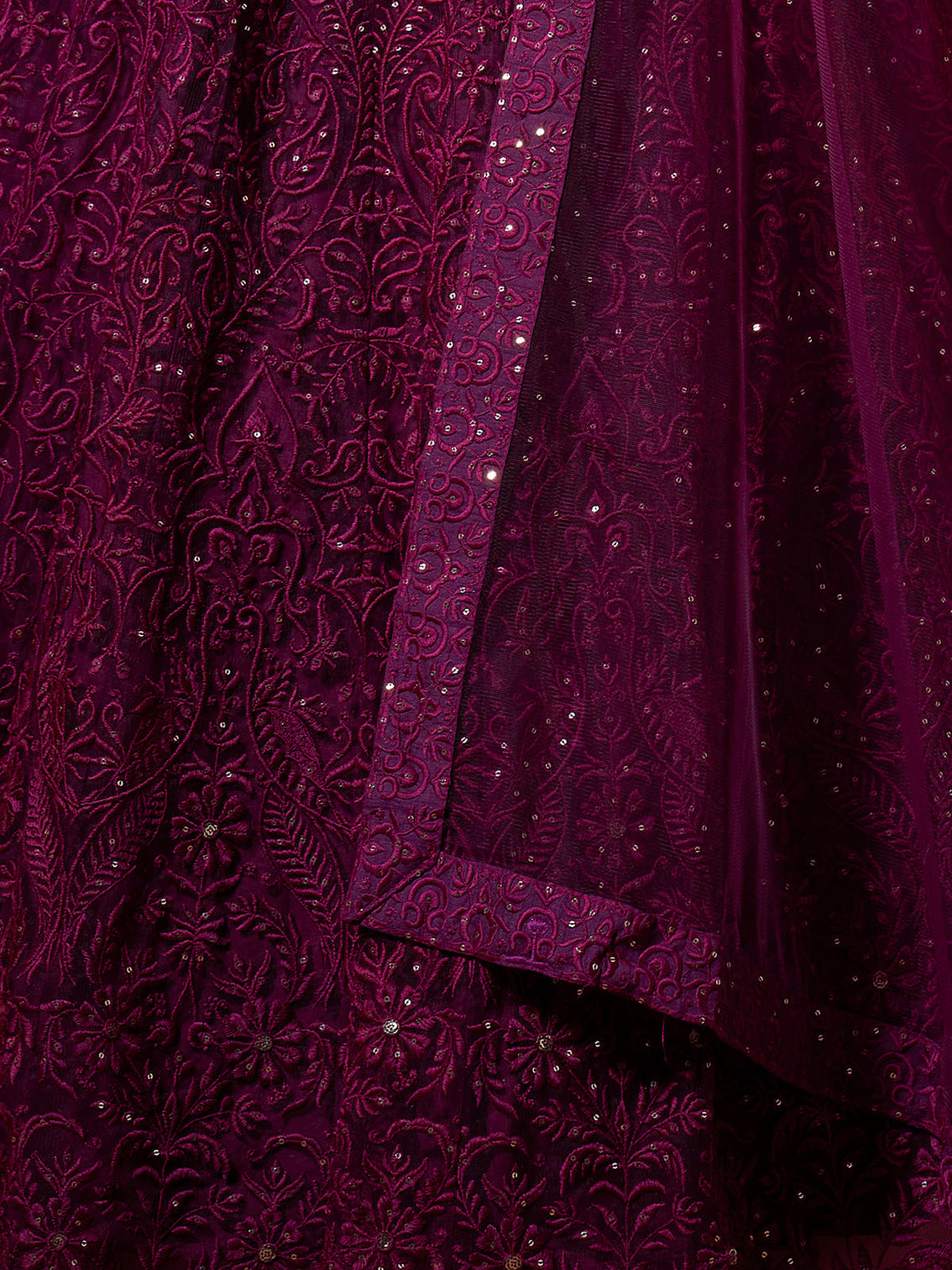 Purple Sequins, Thread Semi Stitched Lehenga With Unstitched Blouse