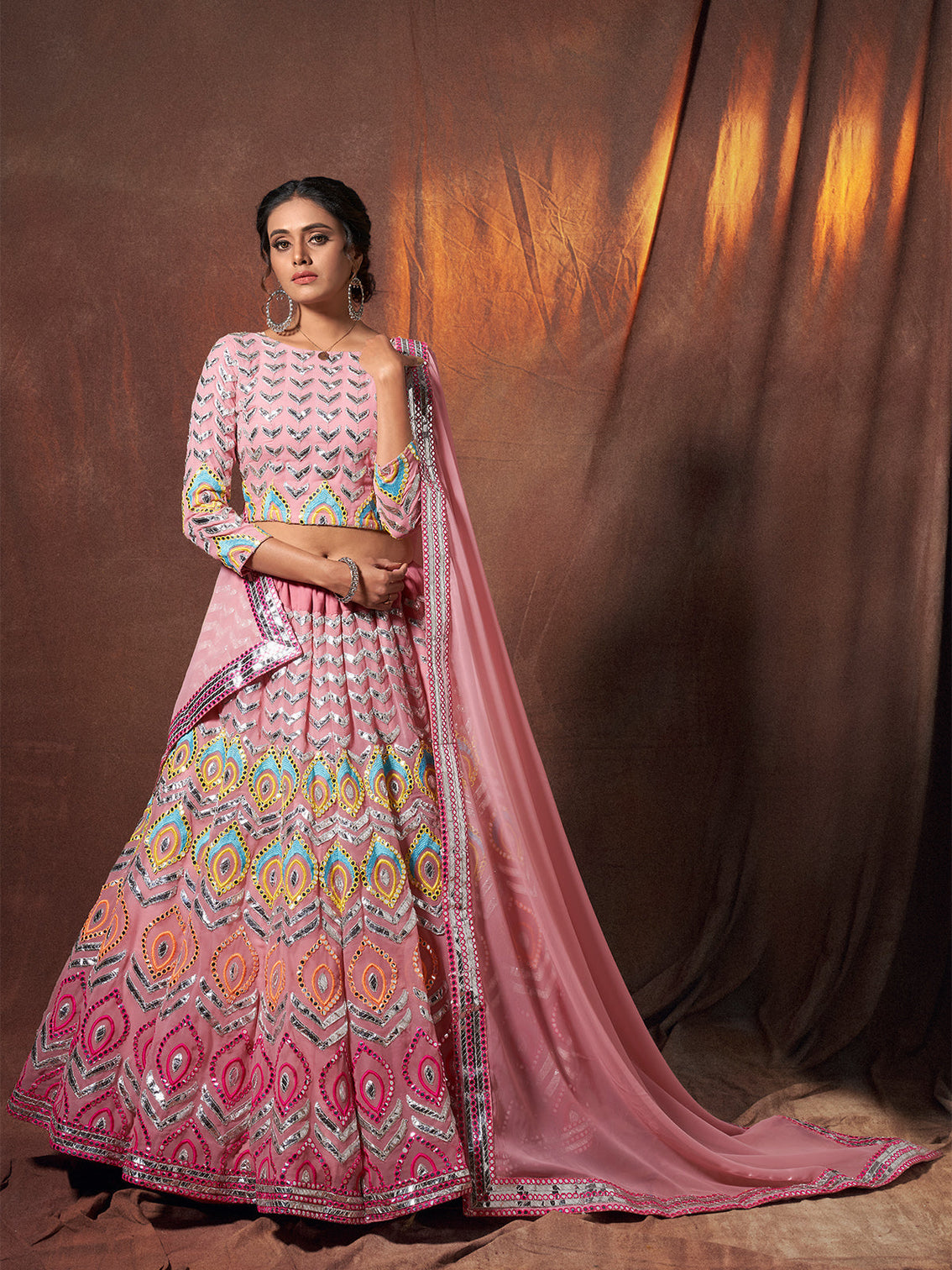 Pink Embroidered Georgette Semi Stitched Lehenga With Unstitched Blouse