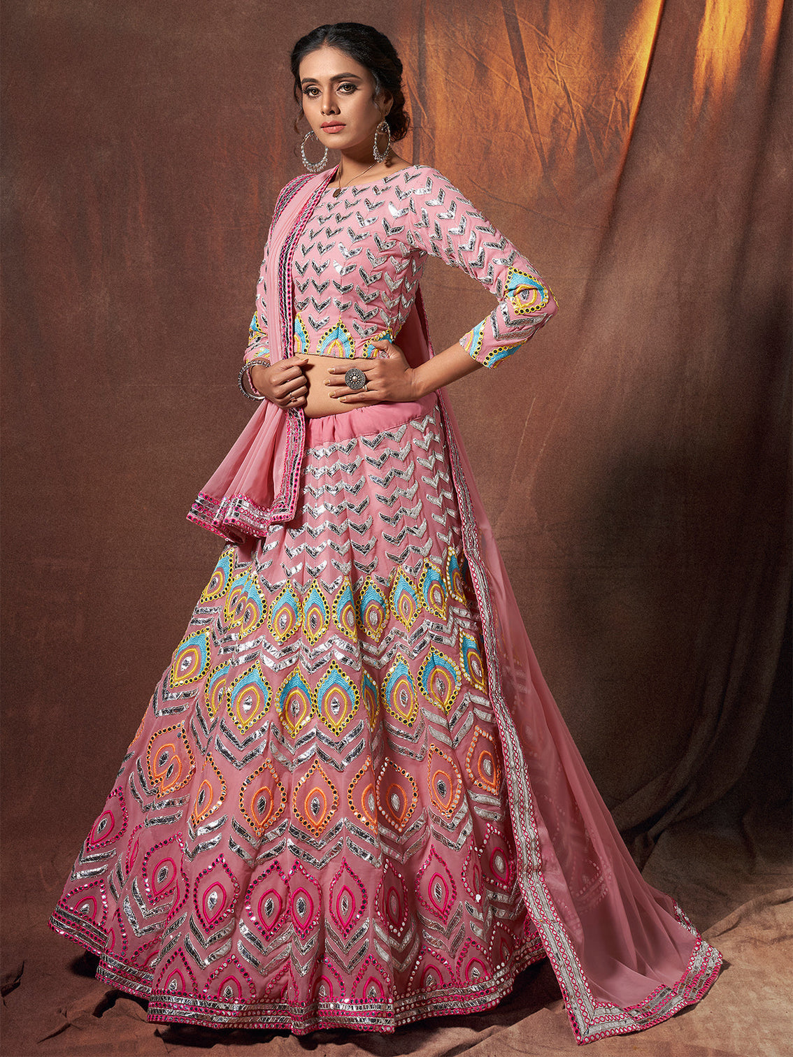 Pink Embroidered Georgette Semi Stitched Lehenga With Unstitched Blouse
