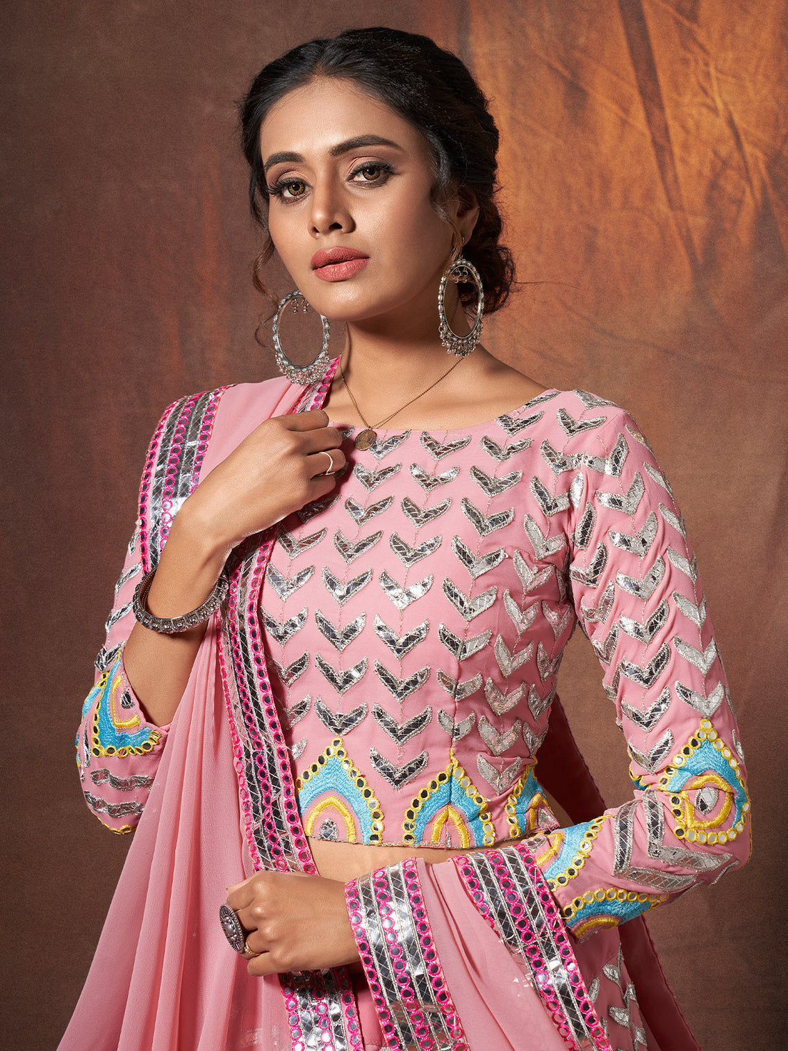 Pink Embroidered Georgette Semi Stitched Lehenga With Unstitched Blouse