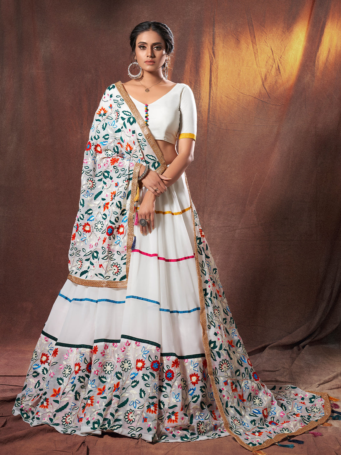 White Embroidered Georgette Semi Stitched Lehenga With Unstitched Blouse