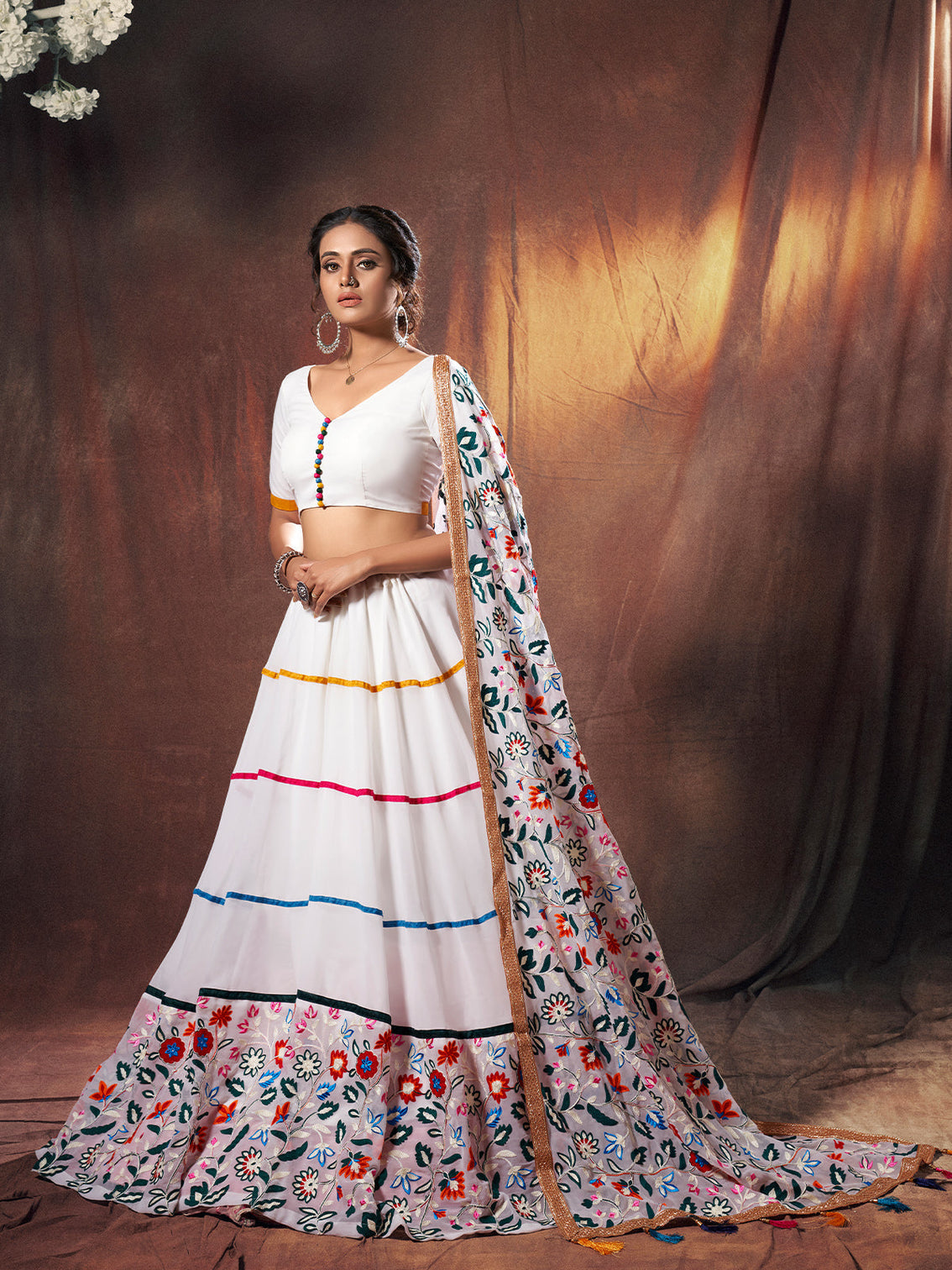 White Embroidered Georgette Semi Stitched Lehenga With Unstitched Blouse