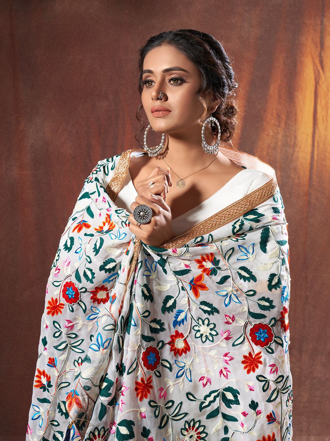 White Embroidered Georgette Semi Stitched Lehenga With Unstitched Blouse