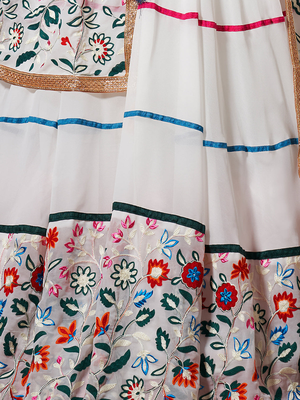 White Embroidered Georgette Semi Stitched Lehenga With Unstitched Blouse