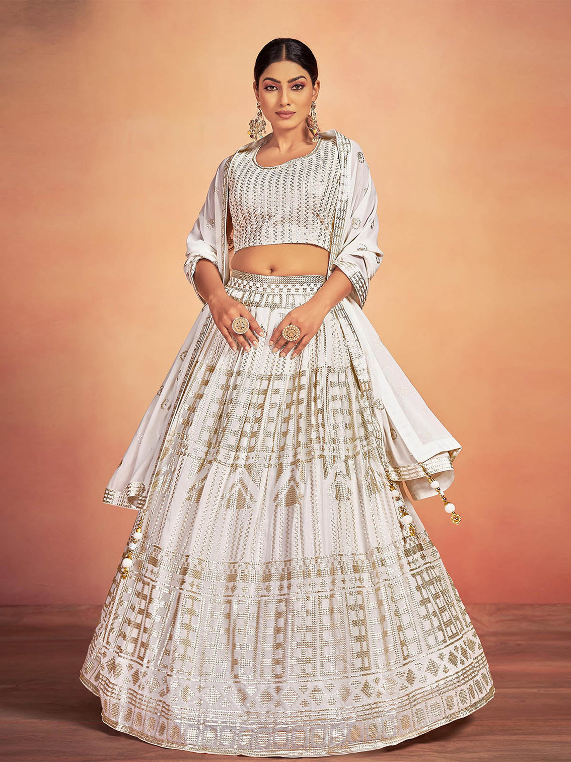White Georgette Sequins Stitched Lehenga Choli