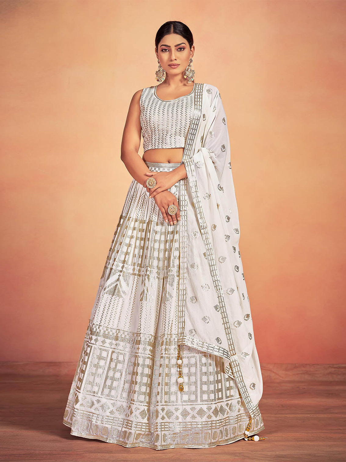 White Georgette Sequins Stitched Lehenga Choli