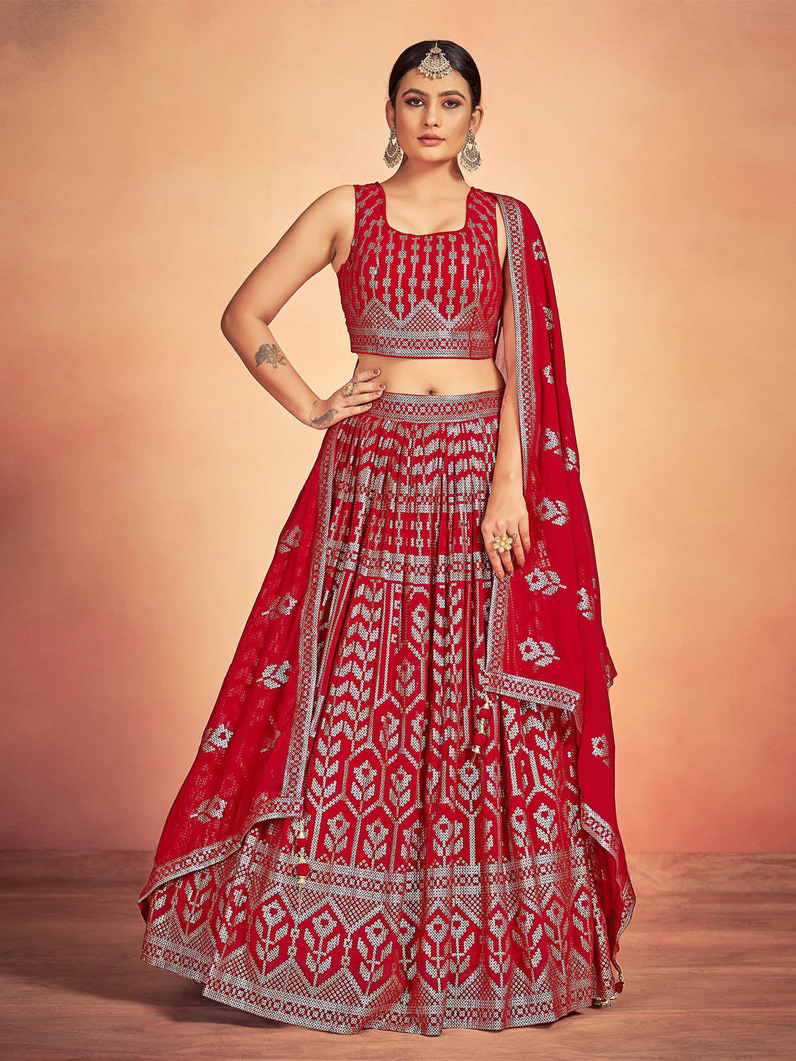 Red Georgette Sequins Stitched Lehenga Choli