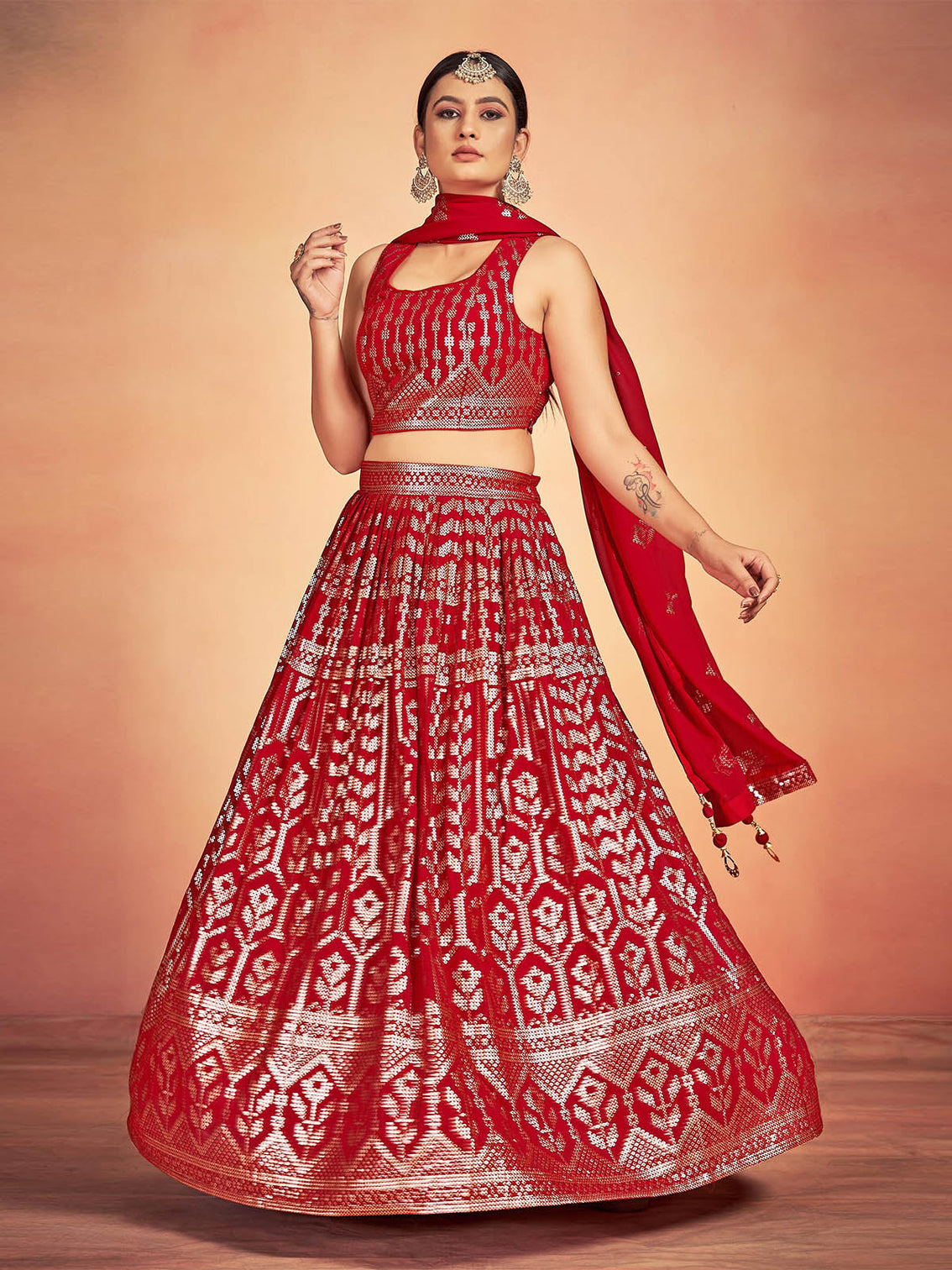 Red Georgette Sequins Stitched Lehenga Choli